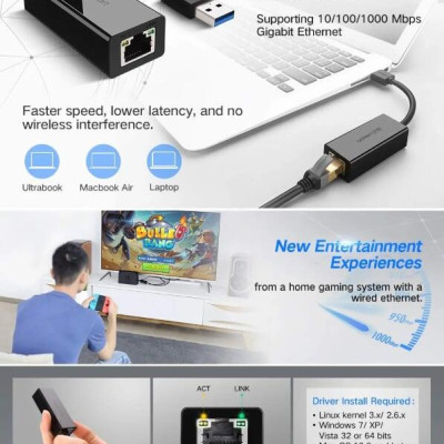 Ugreen UG20256CR111TK 15CM màu Đen Cáp chuyển đổi USB 3.0 sang cổng LAN RJ45 tốc độ 1000Mbps vỏ nhựa - HÀNG CHÍNH HÃNG