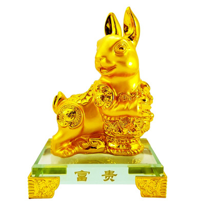 Tượng chú thỏ vàng đế kính thủy tinh cao cấp - Tượng Ngọc Thố Chiêu Tài - Hàng Nhập Khẩu