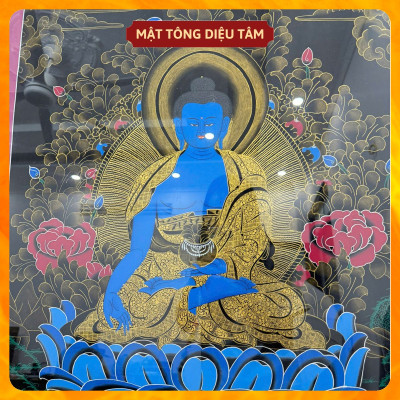 Tranh Thangka Dược sư Thủ Công Nepal Tranh Phật Dược Sư Xanh Dương handmade 92cm Biểu Tượng Chữa Lành Mật tông Diệu Tâm