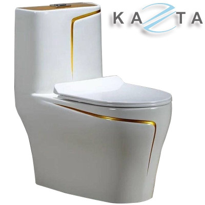 COMBO Thiết Bị Nhà Tắm Cao Cấp KAZTA KZ-CBT15VĐ: Bồn cầu 1 khối viền vàng, Sen tắm chỉnh nhiệt, Gương đèn, Lavabo Bàn Đá 2 Tầng, Vòi và phụ kiện