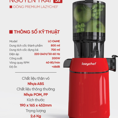 Máy Ép Chậm Nguyên Quả 3S Lazychef 200W Dòng Premium, Máy Ép Trái Cây, Tháo Lắp 3S,Công Nghệ Ép Lạnh, hàng chính hãng
