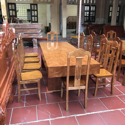 Bộ Bàn Ghế Ăn 10 Ghế Xẻ Quạt Gỗ Cẩm Vàng