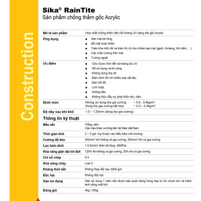 Sơn chống thấm vách tường ngoài trời, chống thấm máng xối lộ thiên - Sika RainTite Grey (thùng 20kg)