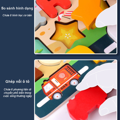 Đồ Chơi Gỗ, Bảng Gỗ Thông Minh 6IN1 Đồ Chơi Giúp Bé Phát Triển Trí Não Giáo Dục Theo Phương Pháp Montessori - Tặng Kèm 01 Tranh Ghép Bằng Gỗ