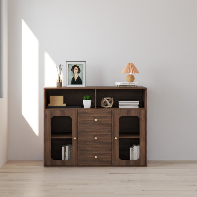 HAPPY FURNITURE , Tủ lưu trữ 2 cửa kính 3 ngăn kéo - NOAH , TLT_065 , 130cm x 45cm x 100cm DxRxC