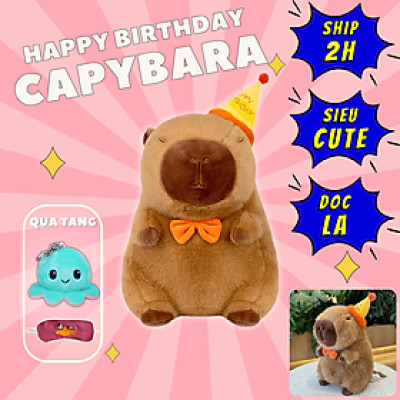 Thú nhồi bông Capybara đội nón sinh nhật có dòng chữ Happy everyday - Size từ 35cm đến 85cm - Quà tặng gấu bông chuột lang đeo nơ dễ thương.