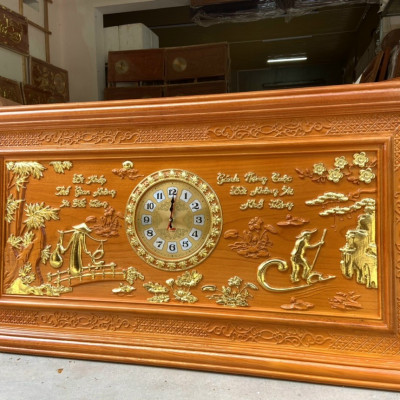Tranh đồng hồ treo tường trạm khắc chữ cha mẹ bằng gỗ gõ đỏ kt 67×127×4cm