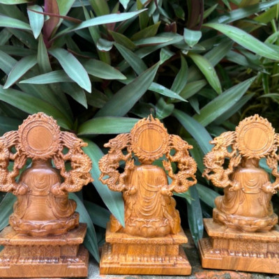 Bộ Tượng phật tam thánh phật vách rồng bằng gỗ bách xanh thơm nức kt cao 13×8×5cm