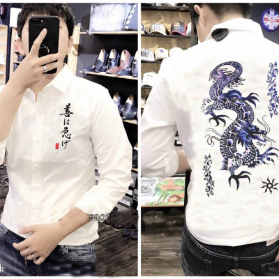 Áo sơ mi nam tay dài họa tiết chữ và rồng xanh