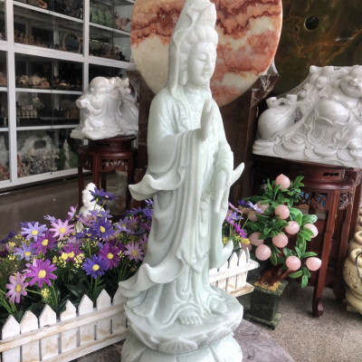 Tượng Phật Bà Quan Thế Âm Bồ Tát đứng đài sen đá cẩm thạch trắng xanh - Cao 50 cm