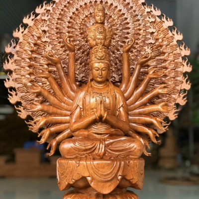 Tượng phật thiên thủ thiên nhãn bồ tát nghìn mắt nghìn tay bằng gỗ hương đá kt cao 60×48×20cm