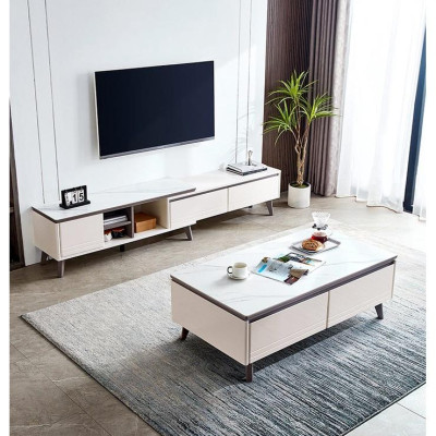 Bàn trà vân đá gỗ công nghiệp hiện đại phòng khách chung cư kết hợp tủ tivi có thể kéo ra thu vào LH058