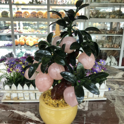 Cây đào phong thuỷ đá thạch anh hồng 9 quả trang trí bàn làm việc - Cao 43 cm