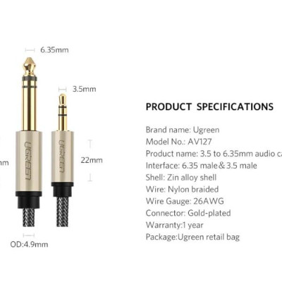 Ugreen UG40806AV127TK 5M màu Đen Cáp âm thanh 3.5mm sang 6.5mm cao cấp - HÀNG CHÍNH HÃNG