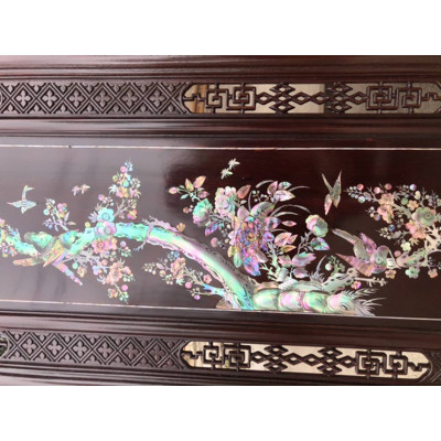 Tranh tứ quý bốn mùa gỗ gụ khảm ốc kết hợp với vỏ bào ngư xanh đỏ kt 37×107×3.5cm