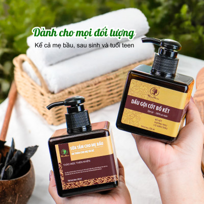 Bộ tắm gội toàn diện từ thảo mộc Wonmom ( 1 Dầu gội cốt bồ kết + 1 Sữa tắm cho mẹ + 1 Scrub café tẩy body )