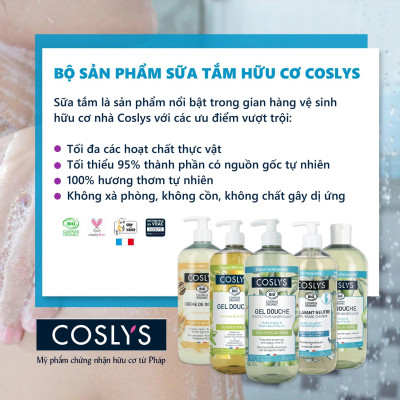 Sữa tắm hữu cơ dạng Gel chiết xuất Olive - Cỏ roi ngựa - Yến mạch cho da nhạy cảm 1L - Coslys
