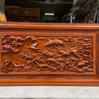 Tranh gỗ  treo tường trạm khắc tích cửu hạc du xuân bằng gỗ gõ đỏ kt 67×127×4cm