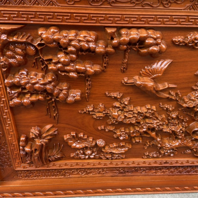 Tranh gỗ  treo tường trạm khắc tích cửu hạc du xuân bằng gỗ gõ đỏ kt 67×127×4cm
