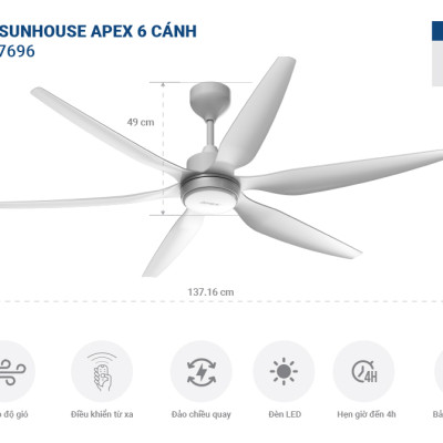 Quạt Trần Đèn Led Sunhouse Apex 6 cánh APF-7696, công suất 57W, cánh quạt sải rộng, điều khiển từ xa, Hàng chính hãng