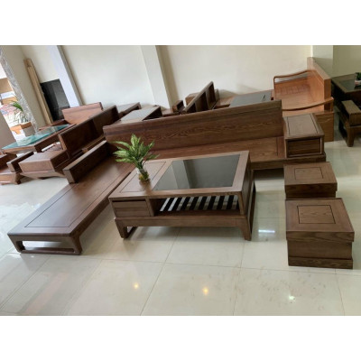 Bàn ghế phòng khách gỗ sồi Nga dáng chữ L chân quỳ