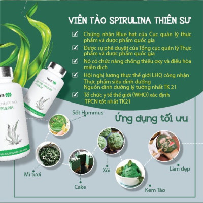 Thực Phẩm Bảo Vệ Sức Khỏe Viên Tảo Spirulina - Thiên Sư. Thực phẩm vàng cho người đau dạ dày,  Chống suy nhược cơ thể Tăng cường miễn dịch. 