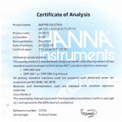 Dung Dịch Chuẩn NIST pH7.01 Để Kiểm Tra/Hiệu Chuẩn Lại Bất Kỳ Máy Đo pH Nào,500mL,HANNA HI7007L kèm chứng nhận COA,MSDS