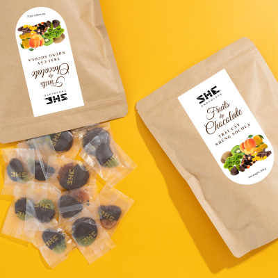 Trái cây nhúng socola thập cẩm (Mix 4 vị Xoài, Cam, Kiwi) - túi 500g -SHE Chocolate - Đa dạng vị giác, bổ sung năng lượng. Quà tặng dịp lễ, người thân, thích hợp ăn vặt văn phòng