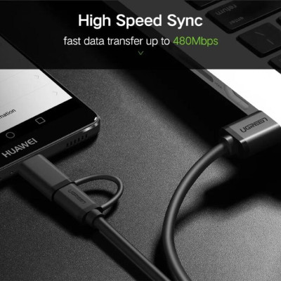 Ugreen UG30177US142TK 1.5M màu đen Cáp USB-A 2.0 sang Micro USB + USB-C - HÀNG CHÍNH HÃNG