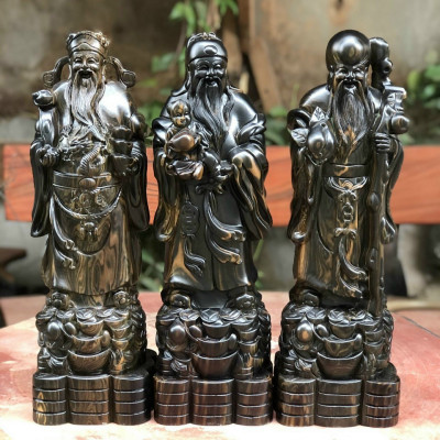 Bộ tượng phật tam đa phúc lộc thọ bằng gỗ mun kt cao 60