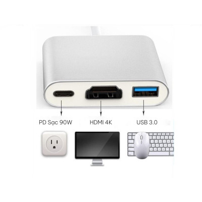 Hub Type C 3 trong 1 to HDMI 4K dùng cho máy tính laptop, Cáp chuyển đổi type C sang HDMI, USB,Cổng chuyển đổi Type C - Hàng chính hãng