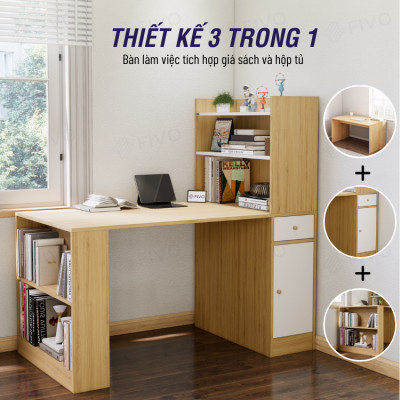 Bàn Học, Bàn Làm Việc Kết Hợp Kệ Sách FD04 FIVO, Gỗ Chống Ẩm Cao Cấp, Lắp Ráp Đơn Giản, Thiết Kế 3 Trong 1.