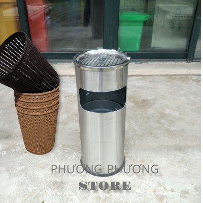 Thùng rác inox tròn,A-35A thùng rác inox gạt tàn tròn ( Tặng sọt tròn mây ) hàng cao cấp
