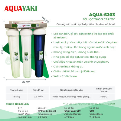 Bộ Lọc Thô 3 Cấp 20 inch AQUAYAKI AQUA-S203 Lọc Nước Đầu Nguồn, Sinh Hoạt, Bộ Lọc Thô Bán Công Nghiệp - Hàng Chính Hãng