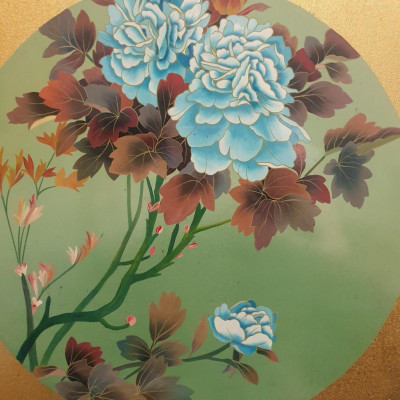 Tranh sơn mài hoa mẫu đơn cao cấp có khung sơn mài đẹp 57x57 cm