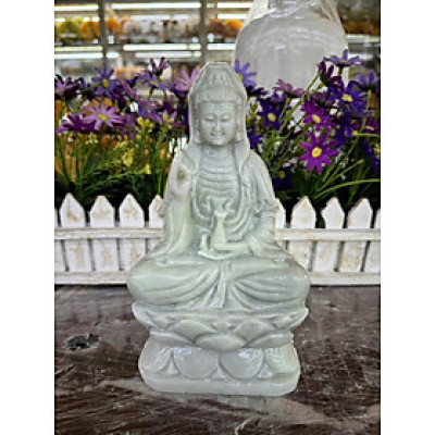 Tượng Phật Bà Quan Âm ngồi đài sen đá trắng xanh trang trí xe ôtô xe hơi, bàn làm việc - Cao 20 cm