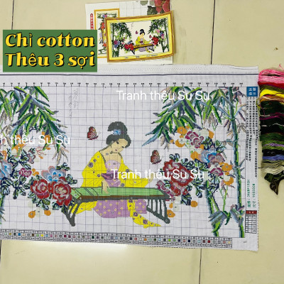 Tranh thêu chữ thập Nàng tiên gãy đàn 3202, kích thước 90*55 cm