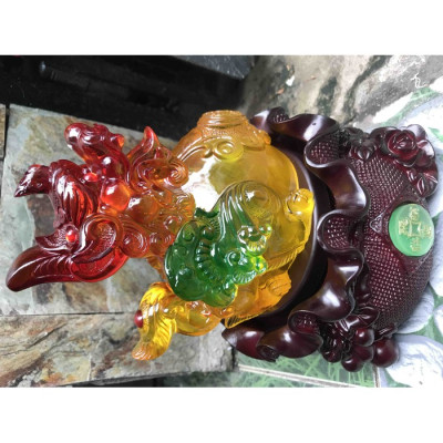 Tượng Tỳ Hưu Phong thủy 1 con to hút tài lộc màu vàng đỏ trên hủ tiền hoa đế gỗ xoay size cao 25cm đk 17cm hợp Anh Chị mệnh Kim mệnh Thổ để bàn làm việc, phòng khách trang trí ạ