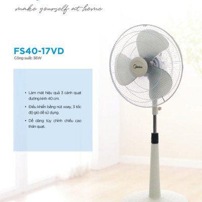 Quạt Đứng, Quạt Cây 3 Cánh Midea FTS40-17VD (Quạt Điện, Quạt Máy Hàng Chính Hãng Công Suất 36W, Chỉnh Gió 3 Tốc Độ)