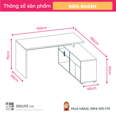 Bàn máy tính chữ L kết hợp tủ lưu trữ  SMLIFE Dagen