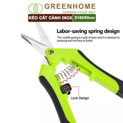 Kéo Cắt Cành GreenHome, D16,5xR4,5cm, Inox, Mũi Nhọn, Siêu Bén, Không Gỉ, Có Khoá An Toàn, Nhiều Màu Lựa Chọn