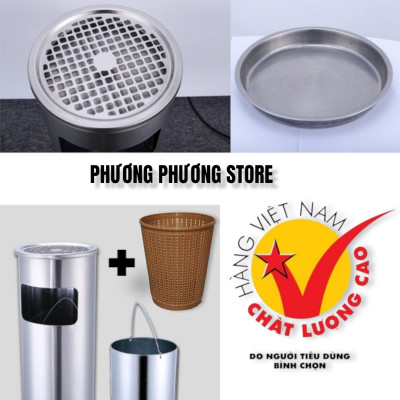 Thùng rác inox tròn,A-35A thùng rác inox gạt tàn tròn ( Tặng sọt tròn mây ) hàng cao cấp