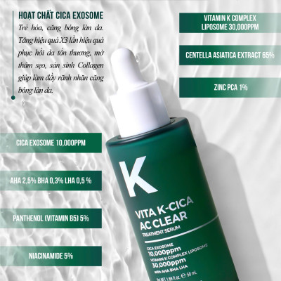 Serum hỗ trợ ngừa mụn Vita K - Cica Ac Clear Pretty Skin phục hồi - căng bóng - tái tạo làn da 50ml