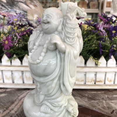 Tượng phật Di lặc đứng trên túi tiền đá trắng xanh - Cao 20cm