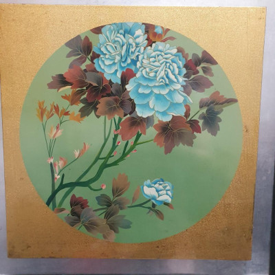 Tranh sơn mài hoa mẫu đơn cao cấp có khung sơn mài đẹp 57x57 cm