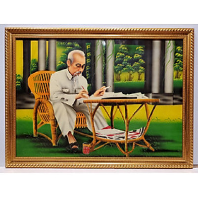 Tranh sơn mài Bác Hồ ngồi ghế mây 
