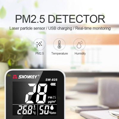 Máy Đo Chất Lượng Không Khí SNDWAY SW-825 - Đo Bụi Siêu Mịn PM2.5 - Đo Nhiệt Độ - Độ Ẩm Thời Gian Thực - Sử Dụng Pin Sạc - Hàng Chính Hãng