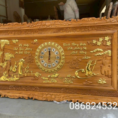 Tranh đồng hồ khắc chữ cha mẹ bằng gỗ gõ đỏ đep long lanh kt 67×127×4cm 