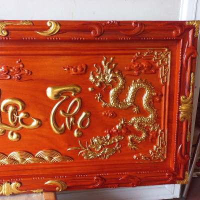 Tranh treo tường khắc chữ phúc lộc thọ bằng gỗ hương đỏ và được dát vàng cao cấp kt 48×108×4cm 