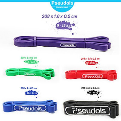 Bộ dây bản thun tập thể lực Pseudois 5 màu, dài 208cm chất liệu cao su, có độ đàn hồi tốt và hỗ trợ các bài tập thể lực